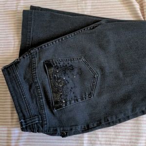 Women's Black Jeans Embroidered Sequined Pockets Chico's